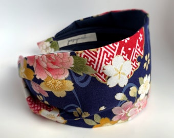 Headbands for women Extra Wide womens headbands handmade Japanese  fabric unique blue pink sakura flower fabric wide headband cherry blossom