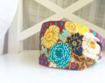 Fabric Headband with flowers bold bright indie fabric burgundy mint . structured no slip cute hairband womens headbands