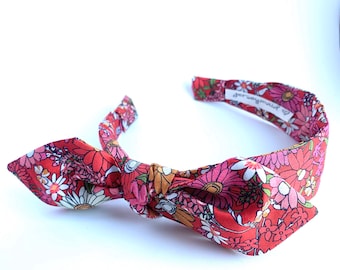 Floral Headbands for women with bow narrow side knot headband Women's Fabric Headband  topknot bow Adult headband woman Pink London Calling