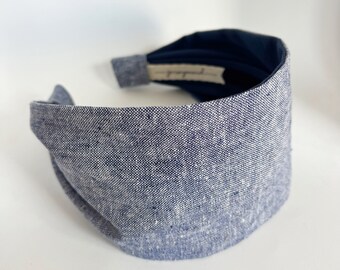 Blue Linen headband for women wide blue hair band neutral hairband extra wide head band - heathered navy denim gift for women