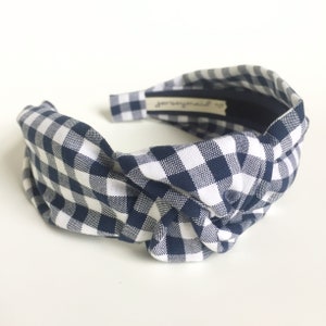 Knotted Headbands for women Gingham headband Women&#39;s Fabric Headband side knot navy blue  . Adult headband woman carolina gigham