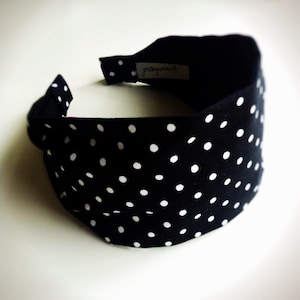 Polka dot headband polka dots hairband fabric black with white polka dots dotted head band black hairband with white dots black and white