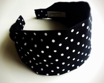 Polka dot headband polka dots hairband fabric black with white polka dots dotted head band black hairband with white dots black and white