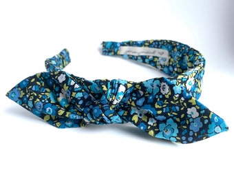 Floral Headbands for women with bow narrow side knot headband Women's Fabric Headband  topknot bow Adult headband woman Blue London Calling