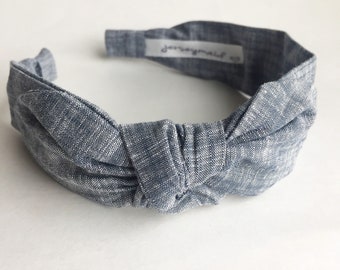 Cute bow Headbands for women narrow side knot headband Women's Fabric Headband side knot topknot Adult headband woman Woman Blue chambray