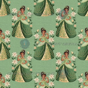 Puede incluir: Un patrón repetitivo sobre un fondo verde claro que muestra a un personaje de dibujos animados con un vestido de gala verde oscuro y crema con detalles dorados, rodeado de lirios blancos y el texto SPACED OUT DIGITALS en una fuente sutil.