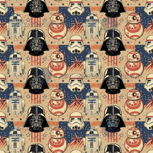 Può includere: Un tessuto con motivo ripetuto che raffigura personaggi di Star Wars, inclusi caschi di Darth Vader, caschi da Stormtrooper, droidi R2-D2 e droidi BB-8. Lo sfondo è composto da sezioni alternate blu e beige con strisce rosse e stelle blu.