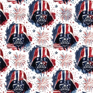 May include: A repeating pattern featuring the helmet of a dark character colored with red, white, and blue stripes, surrounded by watercolor-style fireworks and small stars on a white background, with the text Spaced Out Digitals visible.