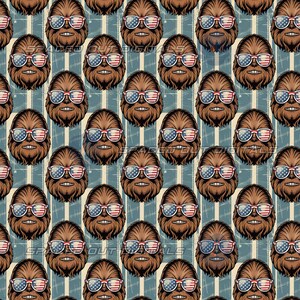 May include: A repeating pattern featuring brown, furry, ape-like creatures wearing sunglasses with an American flag design. The background consists of vertical stripes in muted blue and cream tones with a subtle grid overlay throughout the design.