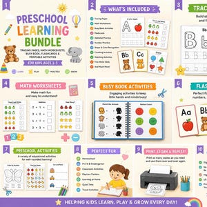 May include: A preschool learning bundle featuring educational materials including tracing pages, math worksheets, busy book activities, and flashcards. The set includes alphabet and number practice, shape recognition, and counting exercises for children.