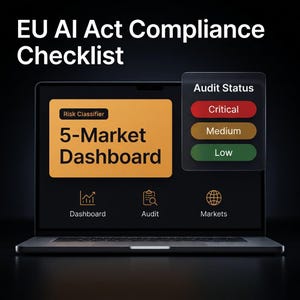 Op de afbeelding: Een laptopscherm toont een EU AI Act Compliance-checklist met een 5-Market Dashboard in het geel, een Risk Classifier-label en een Audit Status-box met rode, gele en groene knoppen met de labels Critical, Medium en Low.