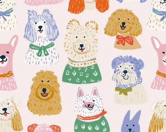 Tela con lindos perros, tela con retrato de cachorro, tela con ilustración de mascotas original, tela campestre, tela infantil de primavera, tela 100% algodón por medio metro.