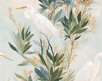 Tela de garza blanca, elegante tela botánica de aves, tela suave de pradera para primavera, tela artesanal rústica, tela 100% algodón por medio metro.