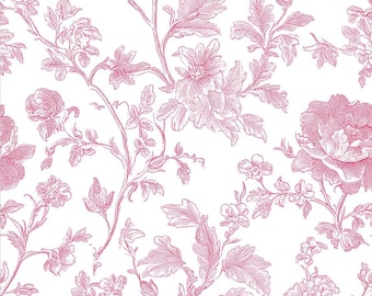 Tela de estampado floral rosa estilo toile francés, tela floral vintage, tela con estampado de flores antiguas, tela para manualidades DIY, tela 100% algodón por medio metro.