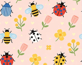 Tela de acuarela con mariquitas, abejas y flores silvestres, tela rosa con insectos y flores de jardín, tela para vestidos de primavera infantiles, tela 100% algodón por medio metro.