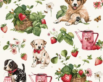 Tela con estampado de perritos adorables, tela con estampado floral de fresas y cachorros, tela con estampado de cabaña caprichosa, tela para picnic primaveral en la granja, tela 100% algodón por medio metro.