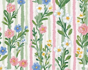 Tela de rayas florales en acuarela, tela con suaves líneas florales de jardín, tela para scrapbooking y manualidades estilo cottagecore, tela 100% algodón, venta por medio metro.