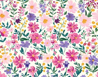 Tela floral de primavera, tela blanca con estampado de flores en tonos pastel, tela multicolor estilo preppy, tela coqueta de verano, tela 100% algodón por medio metro.