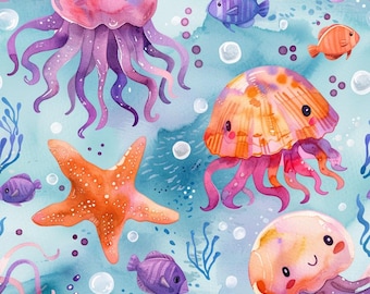 Stof met aquarelprint van kwallen, schattige zeedieren, zeesterren, vissen en bubbels. Stof met oceaanmotieven. 100% katoen. Per halve meter verkrijgbaar.