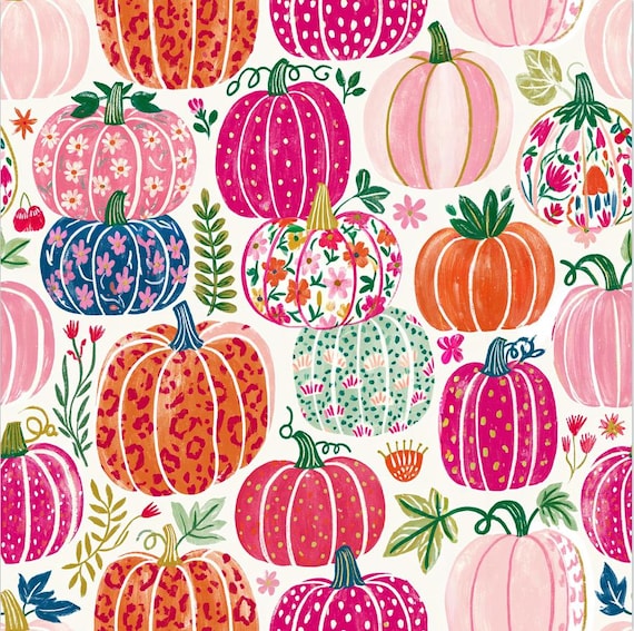Colorful Pumpkin Fabric Girly Fall Halloween Repeat Fabric Thanksgiving Dress Fabric Farm Harvest Fabric 100% Cotton Fabric By The Half Yard