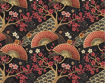 Tela japonesa roja con estampado de abanicos y olas de cerezo, tela texturizada retro de Asia Oriental, tela para decoración del Año Nuevo Lunar, tela 100% algodón por medio metro.