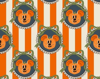 Tela de Mickey y calabaza, tela de Halloween de Disney, tela a rayas con marco, tela de anime, tela de dibujos animados, tela 100% algodón por medio metro.