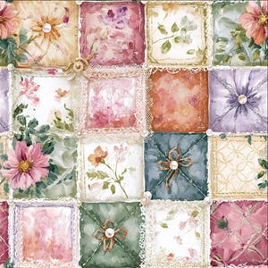 May include: A patchwork quilt pattern featuring square blocks with floral illustrations, soft watercolor textures in shades of pink, green, blue, and cream, accented with white lace trim borders and small white pearl beads at each corner intersection.