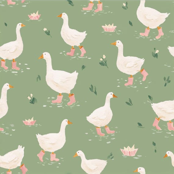 Cute Geese in Pink Boots Fabric Watercolor Farm Goose Repeat Fabric Sage Green Background Fabric 100% Cotton Fabric By The Half Yard