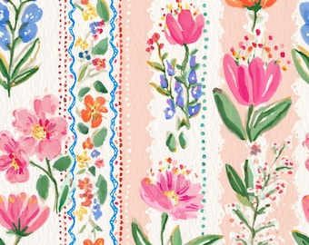 Tela de rayas florales en acuarela, tela vintage con encaje floral, tela estilo cottagecore para primavera, tela para vestidos, tela 100% algodón por medio metro.