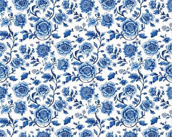 Tela de estilo chinoiserie con estampado floral, base blanca, tela Porcelain Bloom, tela French Shabby Chic, tela oriental, tela 100% algodón, por medio metro.