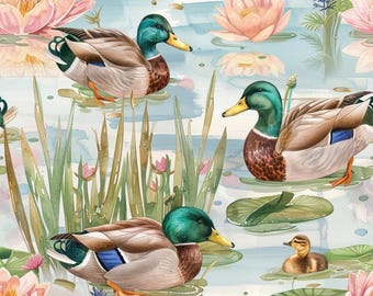 Tela con estampado de patos ánade real, hojas de loto rosa y estanque de nenúfares, tela con paisaje de vida silvestre junto al lago, tela natural 100% algodón, por medio metro.