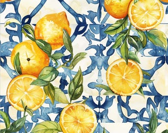 Tela de limones acuarela, tela de azulejos mediterráneos, tela de verano, tela de azulejos azules y blancos, tela para bodas, tela 100% algodón por medio metro.