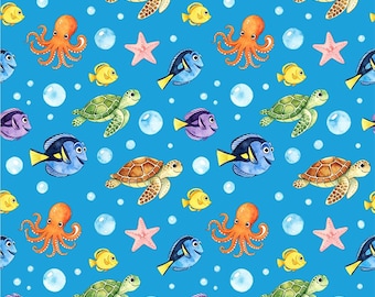 Tela con estampado de criaturas marinas en acuarela, tela azul cielo con burbujas de animales marinos, tela de verano para natación, tela de dibujos animados, tela 100% algodón, por medio metro.