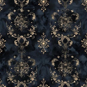 Dark Floral Fabric Vintage Damask Fabric Antique Scroll Fabric Gold Botanical Fabric 100% Cotton Fabric By The Half Yard