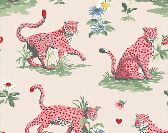 Tela de leopardo caprichosa, tela de grandes felinos con manchas rosas, tela de flores beige, tela de lindos animales de la jungla, tela 100% algodón por medio metro.