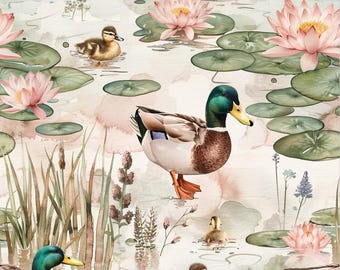 Mallard Duck Fabric Reeds Waterside Fabric Lakeside Wetland Wildlife Fabric Vintage Natural Fabric 100% Cotton Fabric By The Half Yard
