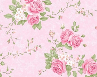 Tela de enredadera de rosas, tela floral vintage, tela de rosas shabby chic, tela de enredadera de hojas verdes, tela para manualidades DIY, tela 100% algodón por medio metro.