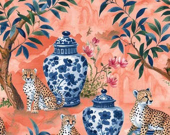 Tela de guepardo estilo chinoiserie, jarrón de porcelana, tela floral, tela Grandmillennial Jungle, tela tropical, tela 100% algodón por medio metro.