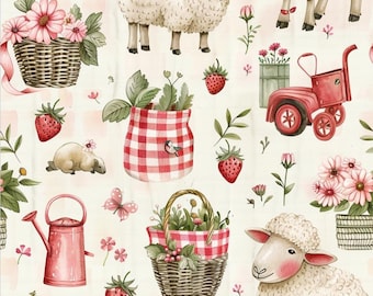 Tela con estampado de ovejas capibaras, animales de granja, fresas y cuadros vichy, tela estilo granja campestre, tela vintage 100% algodón, por medio metro.