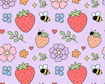 Tela floral de fresa y abeja, tela de corazón lavanda y morado, tela de verano estilo cottagecore para niña, tela de dibujos animados, tela 100% algodón por medio metro.