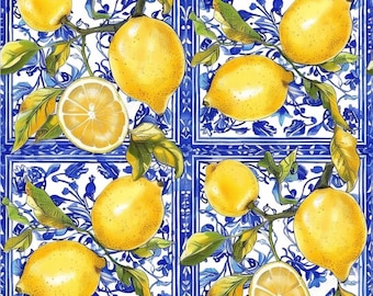 Watercolor Lemon Fabric Mediterranean Tile Fabric Coastal Summer Blue White Tiles Fabric Wedding Fabric 100% Cotton Fabric By The Half Yard