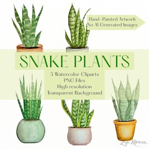 Pode incluir: Cinco ilustrações em aquarela de plantas espada-de-são-jorge em vários vasos. O texto diz: Hand-Painted Artwork No AI Generated Images, SNAKE PLANTS, 5 Watercolor Cliparts, PNG Files, High resolution, Transparent Background e Lya Morena.
