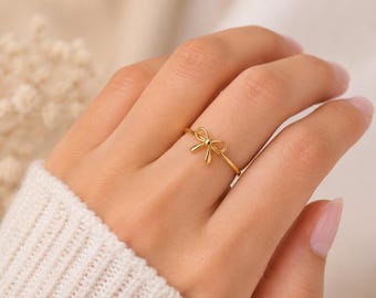 Gouden strikring, verstelbare strikring, minimalistische gouden ring, schattig striksieraad, verfijnde ring voor vrouwen, cadeau voor haar, flirterige ring
