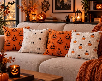 White Halloween Throw Pillow, Ghost Cushion, Faux Wool Fall Home Decor