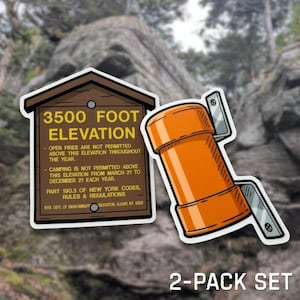 May include: A two-piece sticker set featuring a brown rectangular sign with yellow text reading 3500 FOOT ELEVATION and regulations, alongside an orange cylindrical canister with a metallic mounting bracket, both with white die-cut borders.