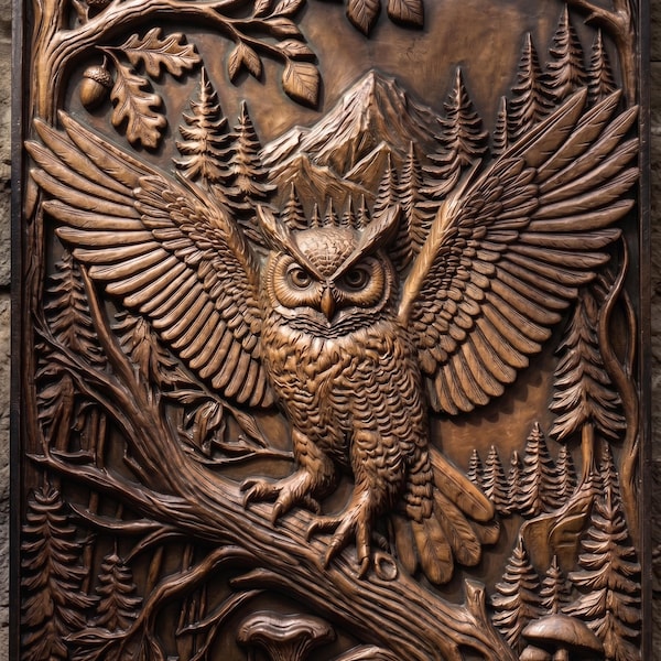 Archivo STL de relieve 3D de búho en un árbol para fresadora CNC, patrón para tallado en madera, arte mural de vida silvestre, modelo para impresión 3D, descarga digital para grabado láser.