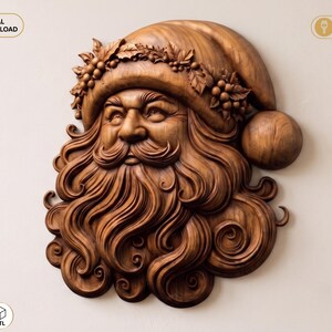 May include: A brown wooden wall carving of a Santa Claus face with a detailed beard, mustache, and a hat adorned with holly leaves and berries. The image includes text labels reading DIGITAL DOWNLOAD, CNC ROUTER READY, and STL.