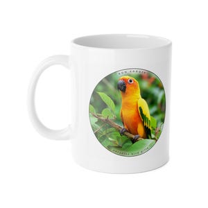 Sonnensittich Vogel Becher, Bunte Papagei Kaffeetasse, Tropische Vogel Liebhaber Geschenk, Helle Gelb Orange Sittich Becher, 11 Unze Keramikbecher.