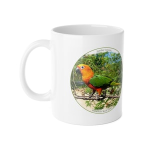 Könnte beinhalten: Ein weißer Keramikbecher mit einem kreisförmigen Aufdruck eines Jendaysittichs, der auf einem Ast sitzt. Der Vogel hat einen leuchtend orangefarbenen Kopf, einen grünen Rücken und eine rote Brust. Der Text Jenday Conure und Paradise Bird Gifts ist aufgedruckt.