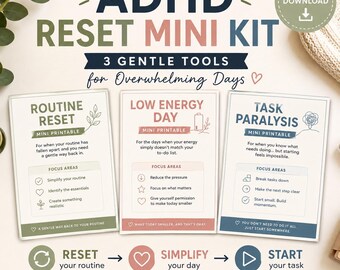 May include: An ADHD Reset Mini Kit featuring three printable cards titled Routine Reset, Low Energy Day, and Task Paralysis. Each card includes focus areas and instructions for managing daily tasks. The design uses soft green, pink, and blue tones.